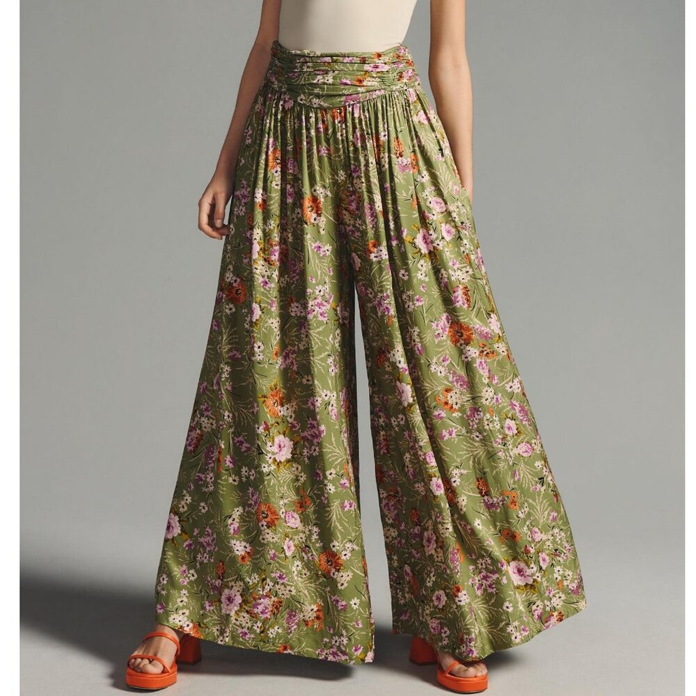 By Anthropologie Wide-Leg Pants Floral Print Olive Green - 00 Petite 00P